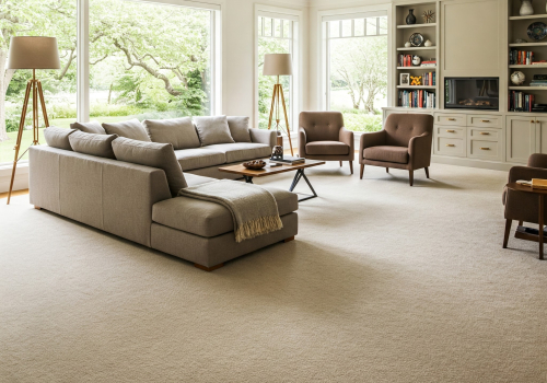 Living room with clean carpet and upholstery